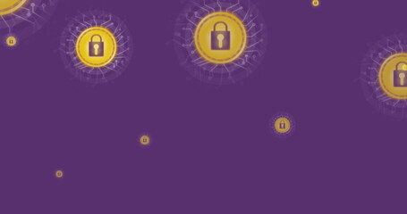 Image of yellow online security padlock icons flying up over purple background