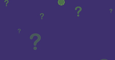 Image of green question marks flying up over purple background