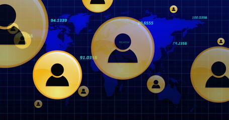 Image of online yellow people icons and numbers changing over world map on blue background