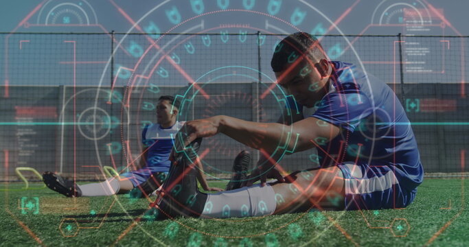 Image of scope scanning and data processing over football players warming up