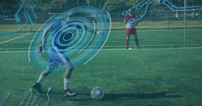 Image of scope scanning and data processing over football player kicking ball