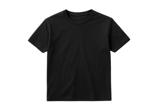 plain black t shirt front view isolated on transparent background basic casual clothing apparel template for mockup branding design fashion ecommerce and print presentation