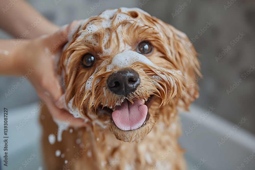 Poster adorable cavapoo puppy getting a bath with lots of bubbles close up shot of a happy dog relaxing pet