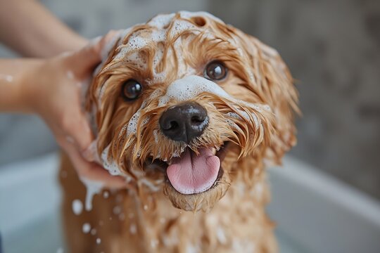 Adorable Cavapoo Puppy Getting a Bath with Lots of Bubbles Close Up Shot of a Happy Dog Relaxing Pet Grooming : Generative AI