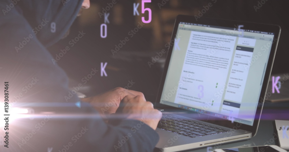 Poster image of floating numbers and letters over caucasian man using laptop