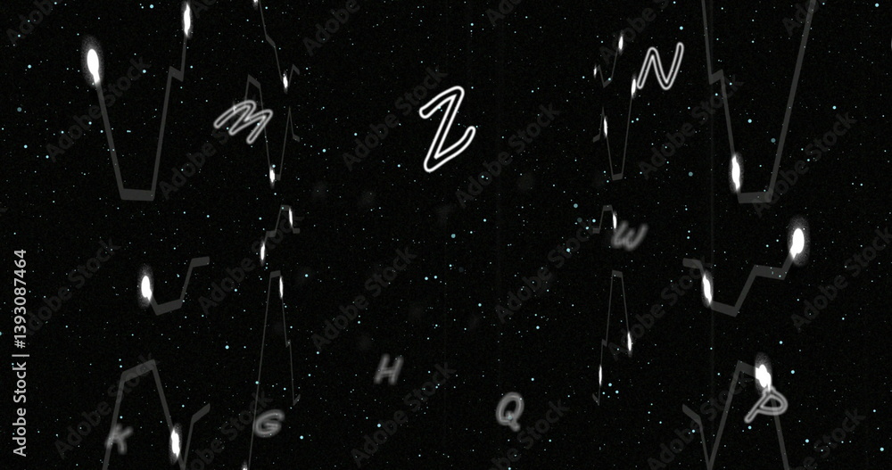 Poster image of letters and structures on black background