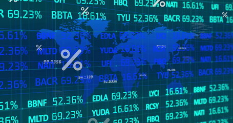 Image of percent symbols over financial data processing and world map