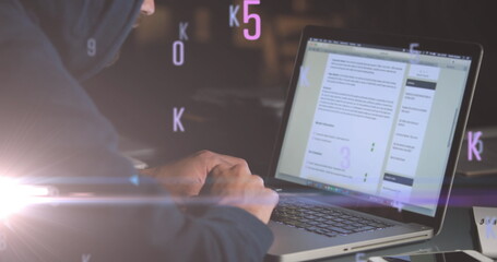 Image of floating numbers and letters over caucasian man using laptop