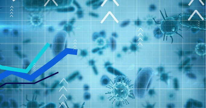 Image of white arrows and blue lines recording over covid 19 cells