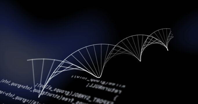 Image of spinning dna strain over scientific data processing on black background