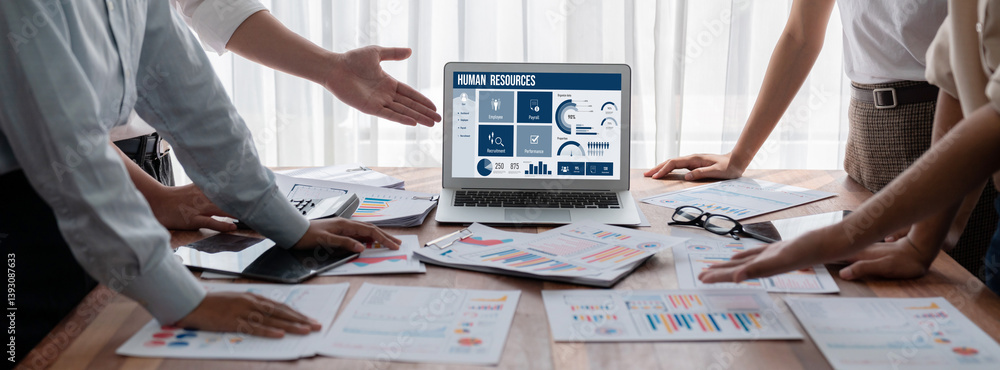 Poster human resources management software on computer screen helping human resources employee to manage re