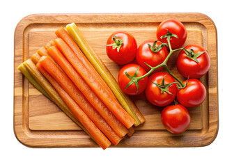 Freshly Harvested Tomatoes and Carrot Sticks on Wooden Cutting Board