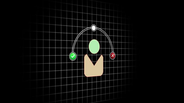 decision making concept minimalist icon, black grid background, white arc with endpoints, green checkmark, red X