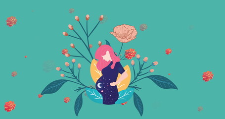 Image of pregnant woman and flowers spinning in hypnotic motion on green background