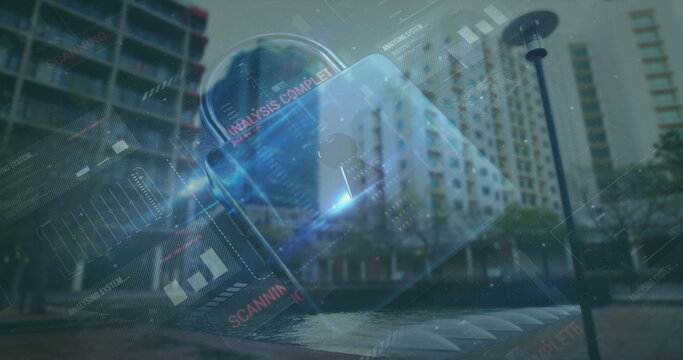 Image of online security padlock over data processing and cityscape