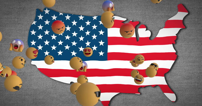 Naklejki Image of emojis flying over map of america with american flag