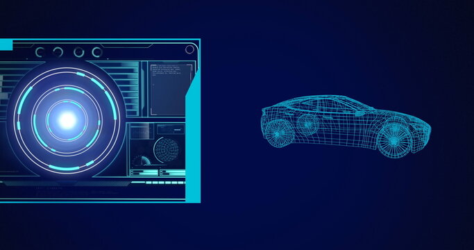 Fototapeta Image of 3d car drawing, scope scanning and data processing