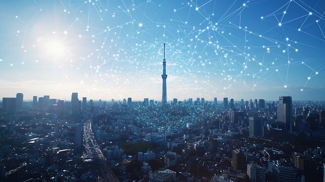Futuristic Tokyo skyline with connected digital network and a bright sun highlighting the cityscape : Generative AI