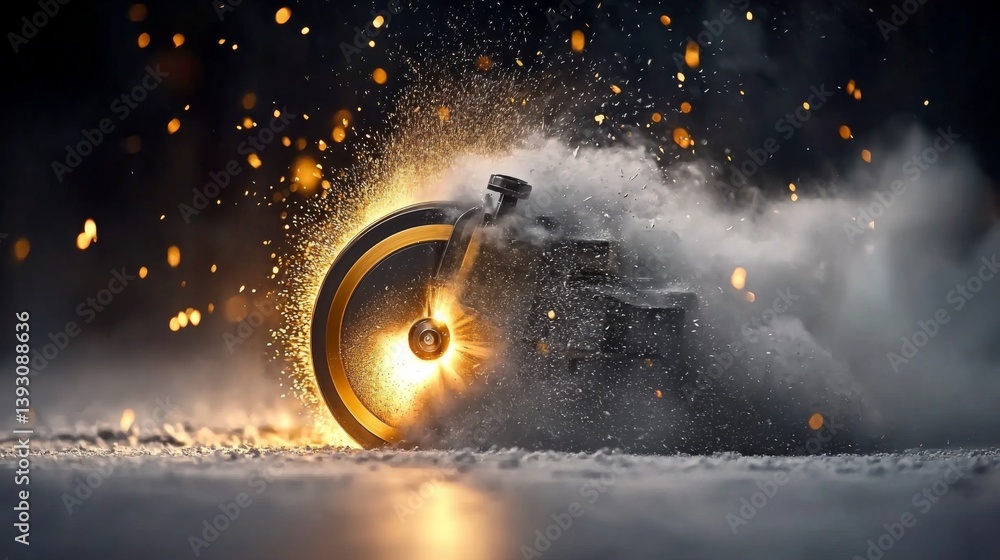 Poster a dynamic close-up of a bicycle wheel creating sparks and dust
