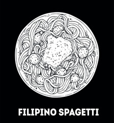 Filipino Spaghetti hand-drawn sketch - Traditional Filipino Food - Vector illustration. Top view