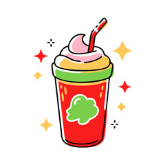 Obraz premium Fun vector of a red dessert drink topped with whipped cream and a straw, decorated with sparkles and a playful design.