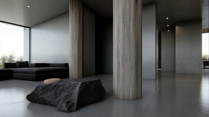 Modern minimalist living area with large windows, neutral color palette, and natural stone accents