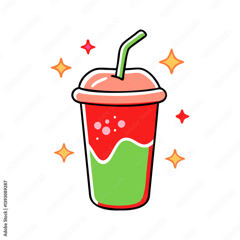 Poster bright vector of a fizzy layered drink in red and green with sparkles and a straw, bursting with pla