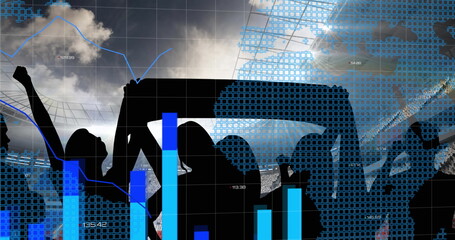 Statistical data processing against silhouette of fans cheering and sports stadium in background