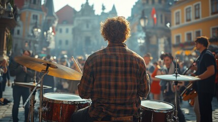 Street Drummer Enthralls Enchanted Crowd in Bustling European City Square