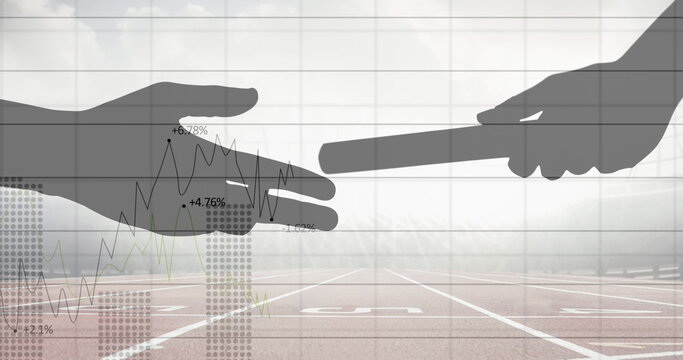 Statistical data processing against silhouette of hand passing a baton against sports field - Powered by Adobe