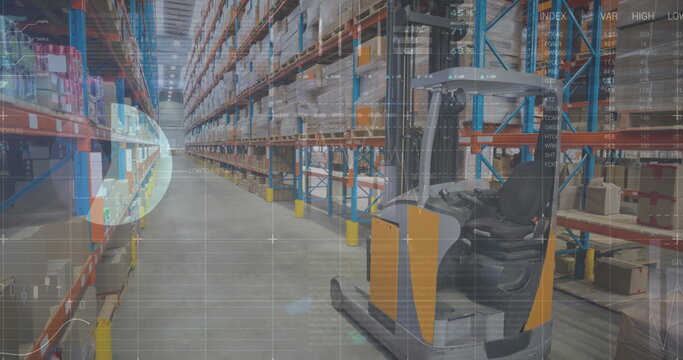 Image of statistics processing over forklift in warehouse
