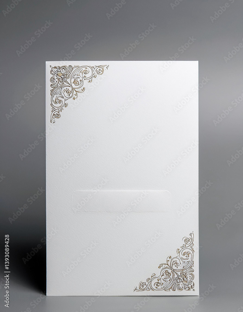 Poster blank white card with golden corner swirls. simple flat paper with space for text. invitation or ann