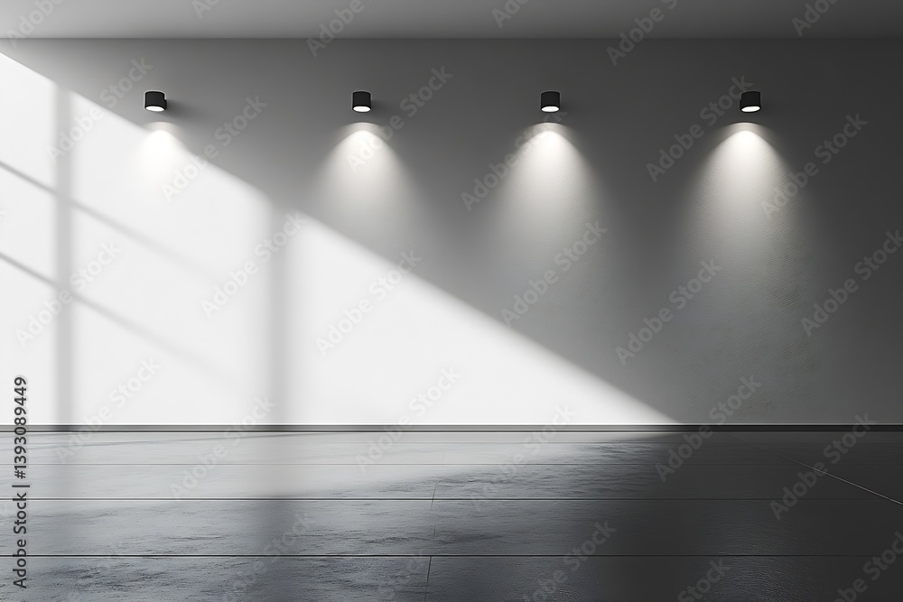 Poster minimalist room interior with white wall dark floor and dramatic lighting from spotlights casting sh