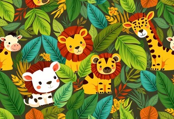 Naklejka premium Cute safari animals & leaves seamless pattern, perfect for fabric, wallpaper, backgrounds, empty space, monkey