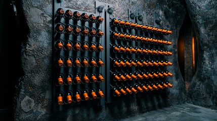 Modern wine cellar with neatly arranged bottles on black racks