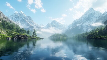 Fototapeta premium A crystal-clear lake surrounded by tall mountains with snow-capped peaks, tranquil and majestic