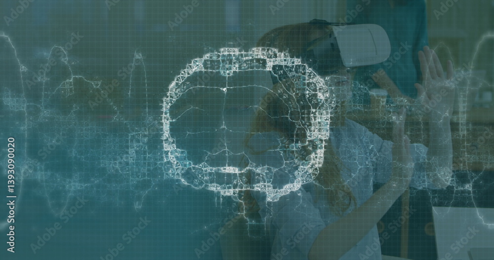 Poster image of brain scan and medical data processing on interface, over woman using vr headset