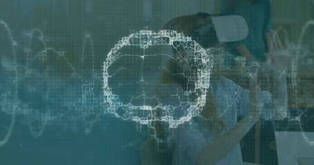 Image of brain scan and medical data processing on interface, over woman using vr headset