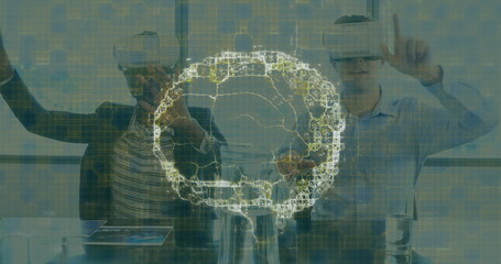 Image of human brain and medical data processing over business people wearing vr headsets