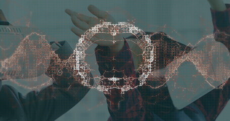 Image of human brain and dna strand over business people wearing vr headsets