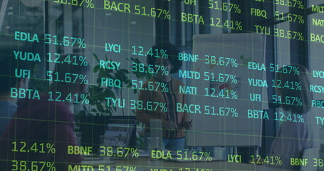 Image of financial data processing over business people