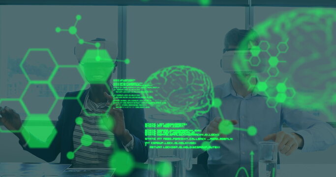 Image of human brain and medical data processing over people wearing vr headsets