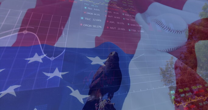 Image of american flag, baseball, eagle, data processing