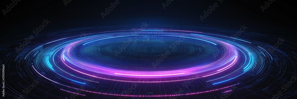 Poster digital blue and purple tech circle illuminated on a dark background enhancing modern visuals