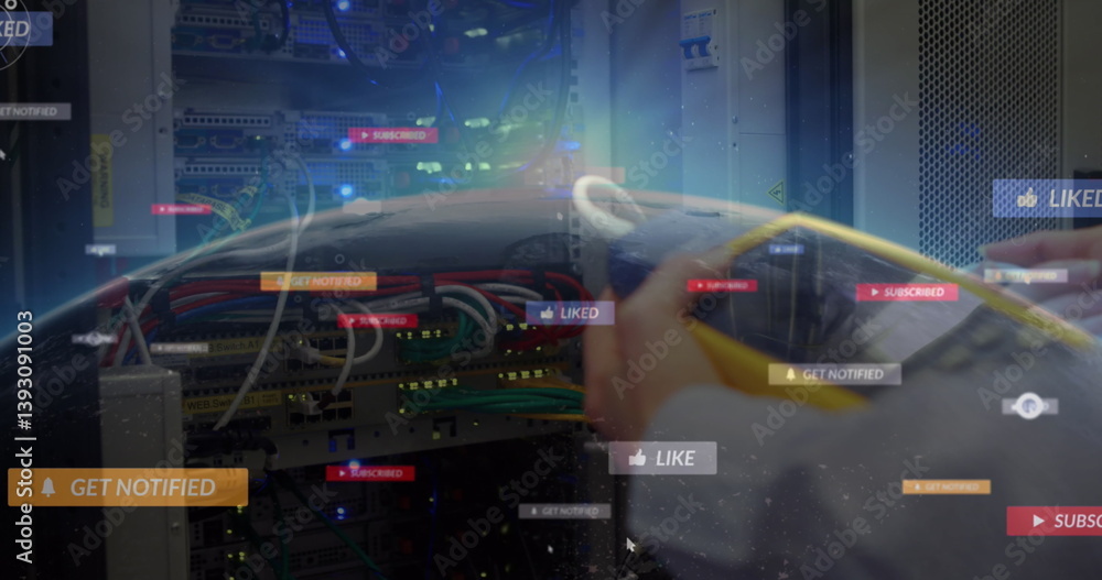 Poster image of social media icons over globe and computer server