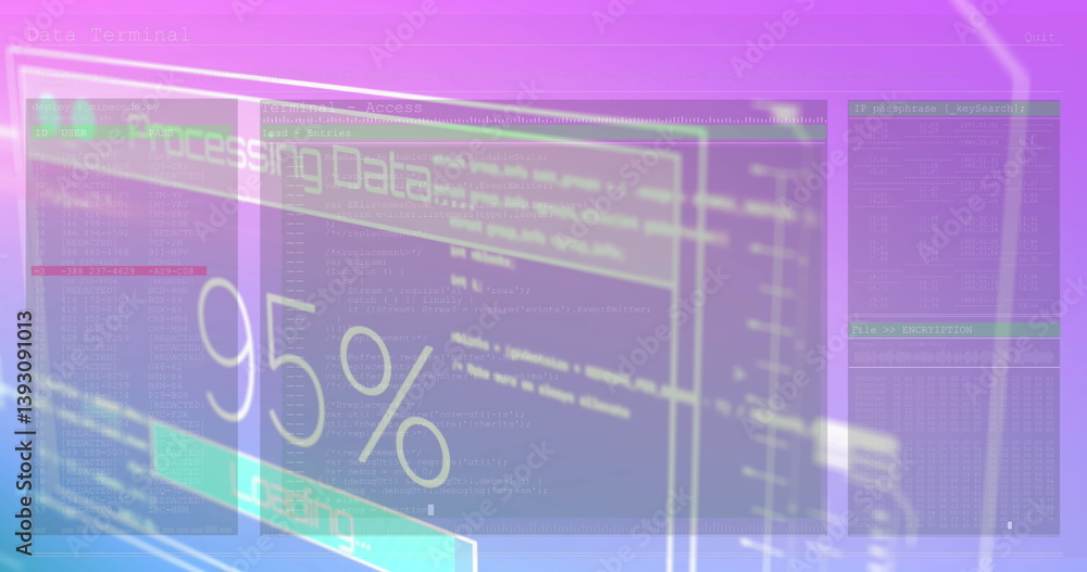 Poster image of data processing on screen over pink background