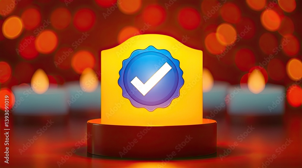 Aufkleber illuminated badge object with check mark on a glowing pedestal