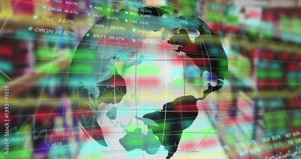 Poster image of data processing with globe over warehouse