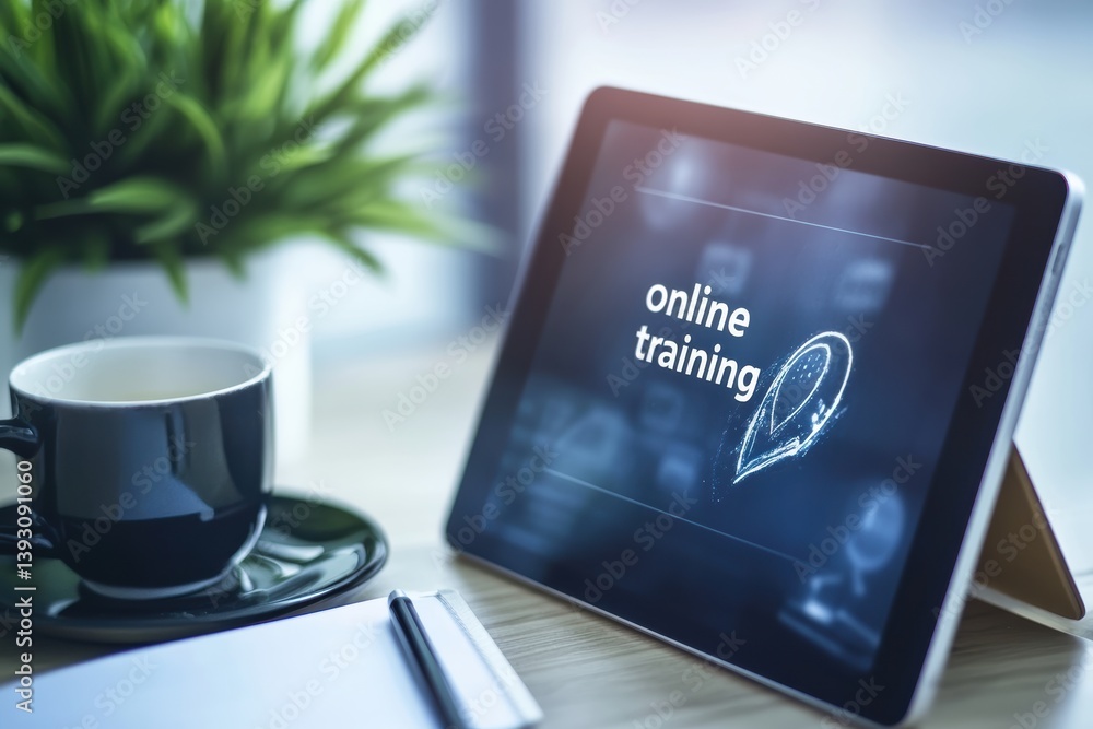 Poster e-learning platform displayed on tablet next to coffee and notebook in modern workspace