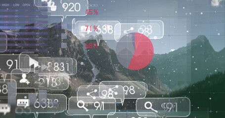 Image of social media icons over statistics and mountains landscape